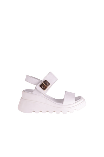 ALBİNİ 2610401 Genuine Leather Wedge Heel Women's White Double Strap Sandals