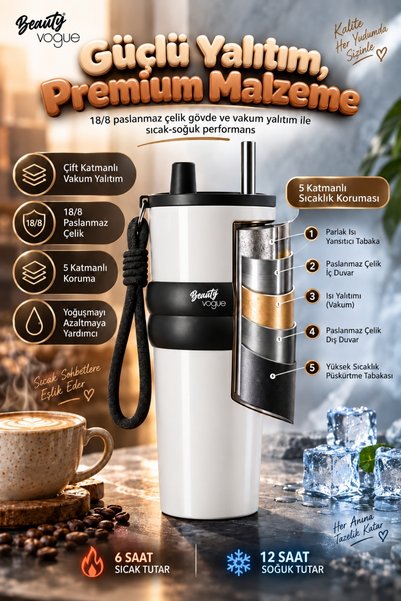 Beauty Vogue Signature Edition Thermos Cup with Straw, Strong Double Insulation, Stainless Steel, Keeps Hot for 6 Hours, Cold for 12 Hours, Wrist Strap, Non-Slip Grip, Leak-Proof Lid, Comfortable Use, Premium Thermos Mug 750 ml - Pearl White
