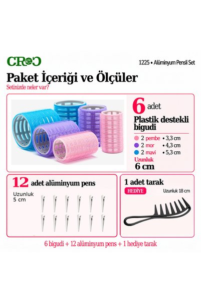 Croc 1225 Karma Bigudi 6lı Cırtlı - Yapışkanlı Saç Bigudisi ( Saç Pensi 12li )