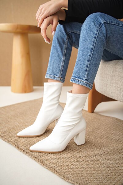 MODAADAM Women's Cooper Thick Heeled Stretch Boots - White