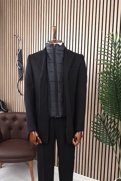Jan Carlucci Men's Slim Fit Black Detachable Jacket with Quilted Collar, Single Slit, Knee-Length Cashmere Coat