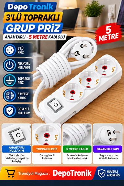 Tunç Üçlü Topraklı Anahtarlı Grup Priz 5mt
