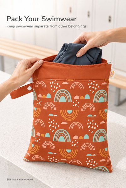 Grarey Rainbow Print Wet Clothes Bag with Two Zippers and Snap Loop, Swimwear & Gym Clothing Storage, 30 × 40 cm, Orange, 1 Piece