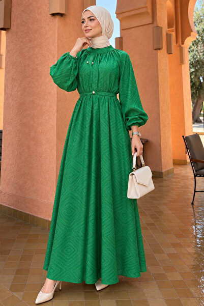 Neva Style فستان إسلامي منقوش باللون الأخضر الزمردي 14291ZY