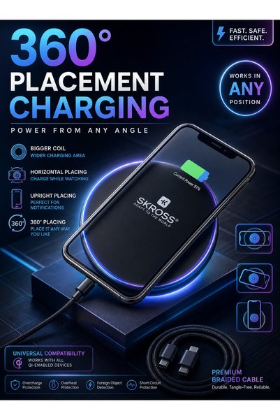SKROSS Wireless Charger , Qi-Certified Fast Charging Pad with 360° Placement RGB Charging Indications & 10-Point Safety Protection System MADE IN SWISS - RGB
