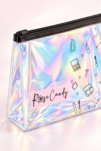 Rose Candy Holografik Şeffaf Fermuarlı Makyaj Çantası