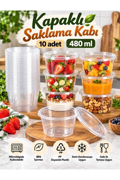 troykar 10 Adet 480 ml Şeffah Sızdırmaz Şeffaf Kapaklı Saklama Kabı Mikrodalg...