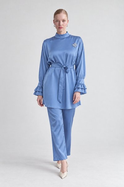 Levidor Ruffle Sleeve Detailed Double Suit Set Indigo
