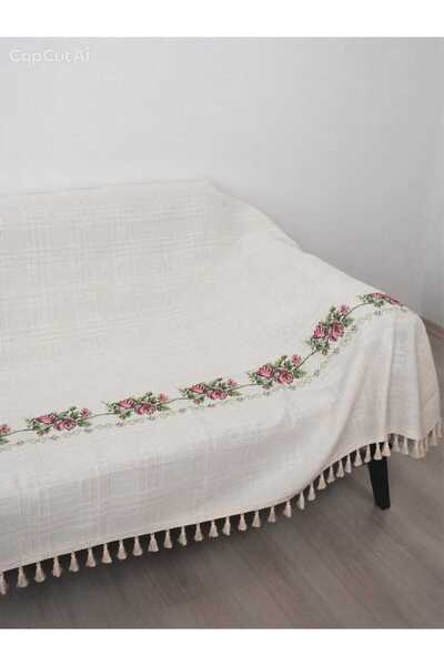 TUNCAY TEKSTİL 300 cm Cross-Stitched Sofa Bed Cover Red Cross-Stitched Embroi...