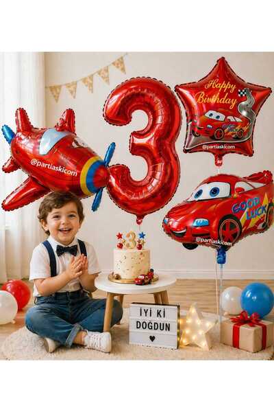 PARTİ AŞKI 1 Yaş Şimşek Mcqueen Cars Uçak Yarış Temalı 4'li Balon Seti & Erke...