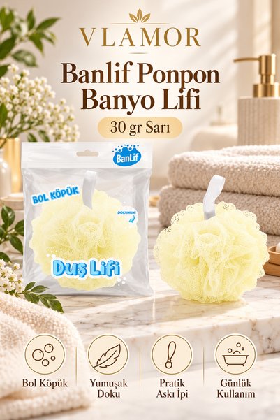 Vlamor Banlif Ponpon Bath Loofah Yellow 30 Gr, Soft Shower Sponge