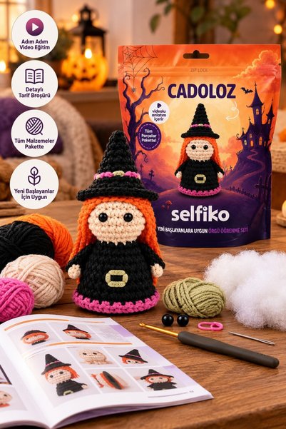 TOYFEST SELFIKO Cadoloz Cadılar Bayramı Halloween Amigurumi Örgü Seti Cadı Figürü Videolu Başlangıç Hobi Kit