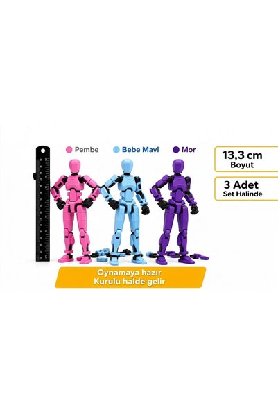 MD Design Robot Oyuncak Figür – 3’lü Set (Pembe / Mor / Bebe Mavi) | 13 cm