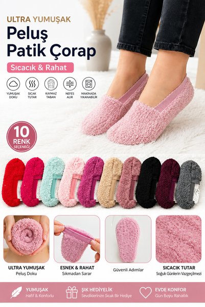 UZN SOCKS 6 Adet Kadın Tekli Ultra Kalın Peluş Kışlık Babet Patik Çorap Karıs...
