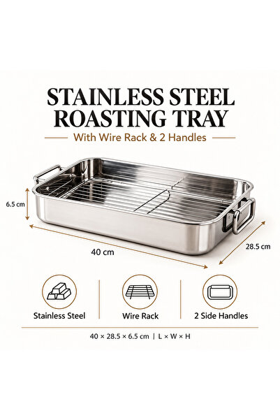 SNK 40×28.5×6.5cm Stainless Steel Roasting Tray with Wire Rack & 2 Handles, D...