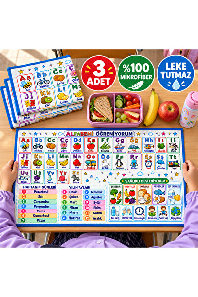 GÖKOVA HOME 3'lü Eğitici Baskılı Beslenme Örtüsü Seti 30 x 50 cm, Okul ve Ana...