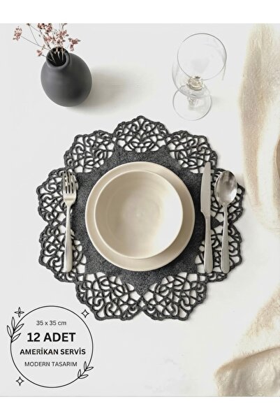 Ergüven Home Set de 12 suporturi rotunde din țesătură din piele întoarsă gri ...