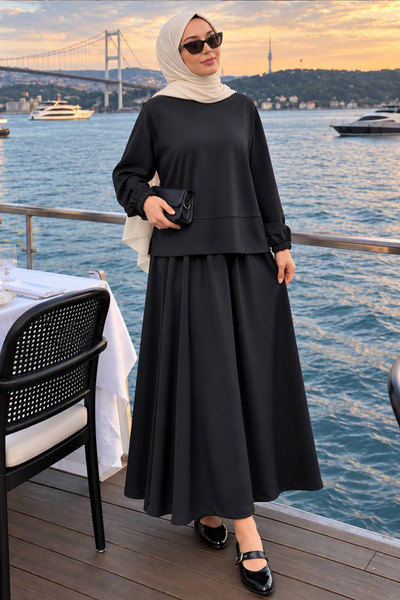 Neva Style Dikiş Detaylı Oysho Kumaş Antrasit Tesettür Etekli Takım 3011ANT