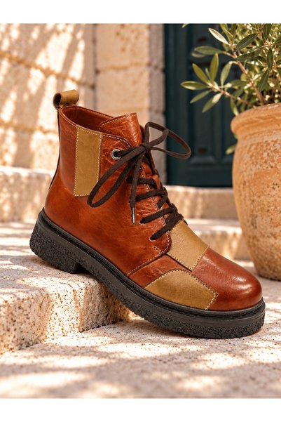 İNZE AYAKKABI Genuine Leather Patchwork Detailed Lace-Up Boots Model Name: Pa...