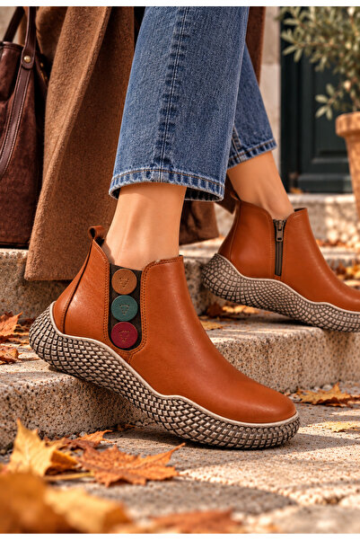İNZE AYAKKABI Genuine Leather 3-Button Detailed Boots Model Name: Anthea