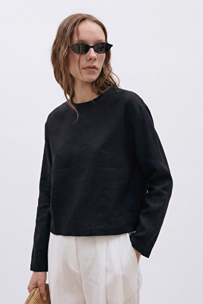Suud Collection Siyah Mussel Crop Keten Bluz
