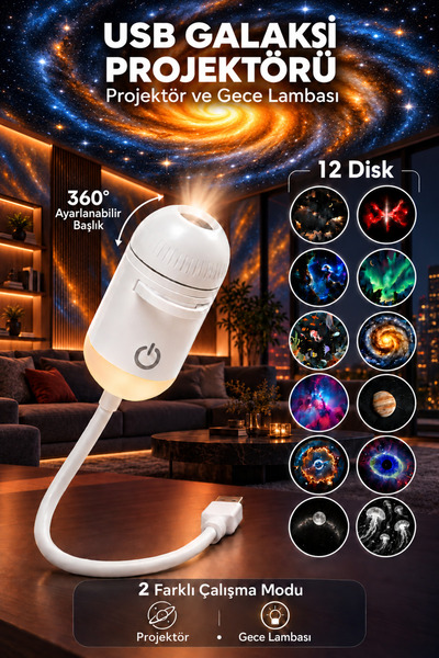 HARVOX USB Galaksi Projektör LED Gece Lambası 360° Ayarlanabilir 12 Filmli 2’...