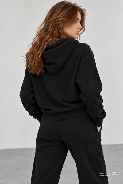 UCLA JOYCE Negru cu glugă și cu aplicații cu fermoar cu căptușeală din fleece Standard Fit pentru femei Swea tricou