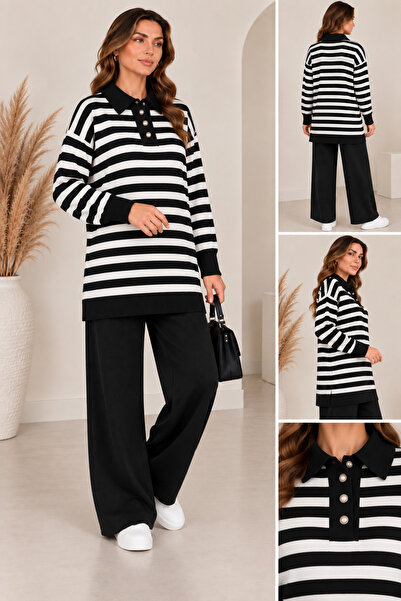 CNR TEKSTİL Women's Striped Shirt Collar Buttoned Oversize Knitwear Set