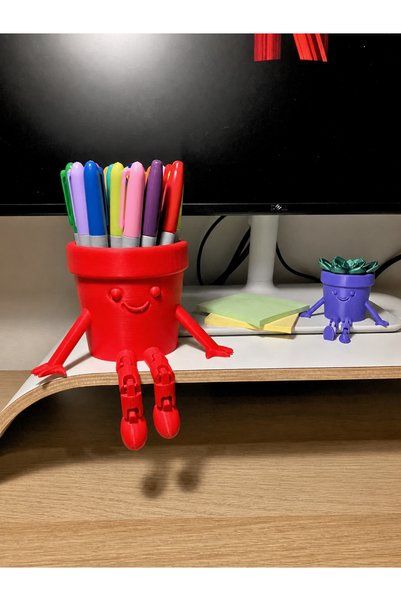 Bezos 3D Printed Movable Smiley Pen Holder - Articulated Desktop Organizer - Red