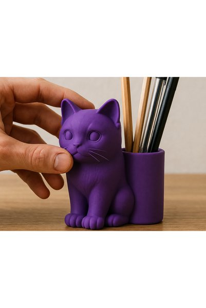 Bezos 3D Printed Cat Figured Pen Holder - Desktop Organizer - Purple