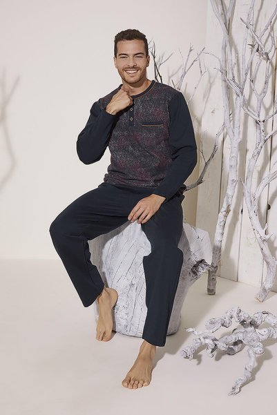 KLY 8026 Erkek Pamuklu Orta Kalın Uzun Kollu Yaka Reçme Pijama Takım