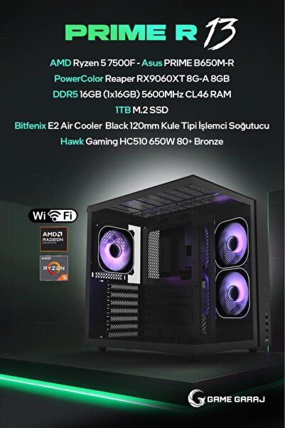 Game Garaj Prime R13 AMD R5 7500F 8GB RX9060XT 16GB RAM 1TB SSD FreeDOS Oyunc...