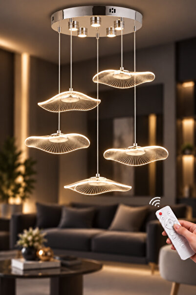 İstanbul Avize Şapka 5'li Kumandalı Gümüş Üç Renk Led Lüx Modern Ledli Avize