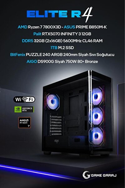 Elite R4 AMD R7 7800X3D RTX5070 32GB RAM 1TB SSD 240mm Sıvı Soğt FreeDOS Oyuncu OEM Paket
