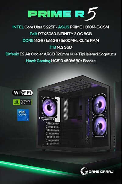 Game Garaj Prime R5 Intel U5 225F RTX5060 16GB RAM 1TB SSD FreeDOS Oyuncu OEM...