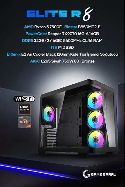 Elite R8 AMD R5 7500F RX9070 32GB RAM 1TB SSD FreeDOS Oyuncu OEM Paket