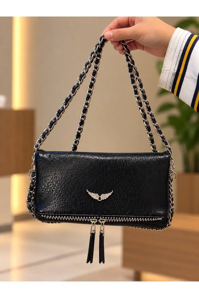 SEVEREVİM Women's Wing Patterned - Double Chain Strap Flap Shoulder and Crossbody Bag