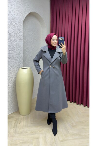 Kalemen Moda Kruvaze Yaka Kürklü İthal Kaşe Kaban 1010 Gri