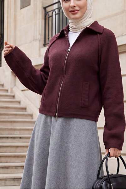 Modamorfo Polo Collar Zippered Pocket Detailed Knitwear Cardigan - Plum
