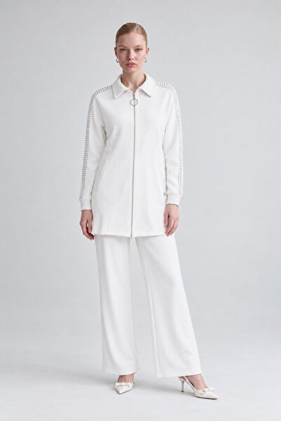 Levidor Stone Embellished Sleeves Cashmere Double Suit Ecru