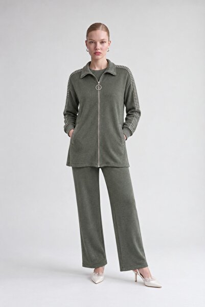 Levidor Stone Embellished Sleeves Cashmere Double Suit Khaki