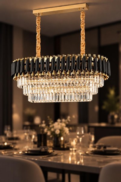 İstanbul Avize Luna Siyah-gold 3 Katlı Lüx Kristal Yemek Masası Avize