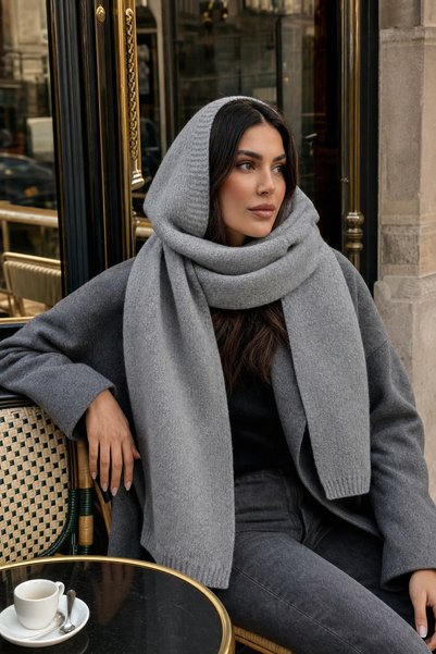 Trend Şapka 14812-1 Gri Yumuşak Dokulu Kapüşonlu Tek Parça Atkı Bere