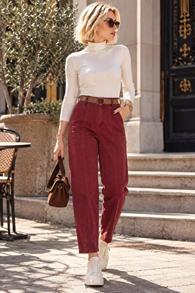ibeeka Bordo Renk Kemer Dahil Dökümlü Pantolon - BORDO