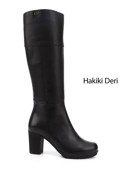GÖNDERİ(R) Kadın Siyah Fermuarlı Kalın Topuklu Hakiki Deri Çizme
