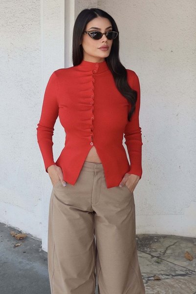 KECHİ WOMAN Knitwear Drawstring Buttoned Cardigan Red
