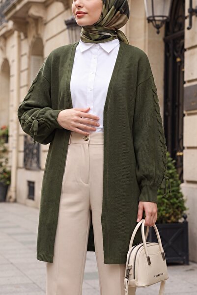 Modamorfo Kolu Hair Braided Casual Knitwear Cardigan -Khaki