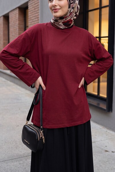 Modamorfo Round Neck Casual Combed Cotton Tunic - Dark Burgundy
