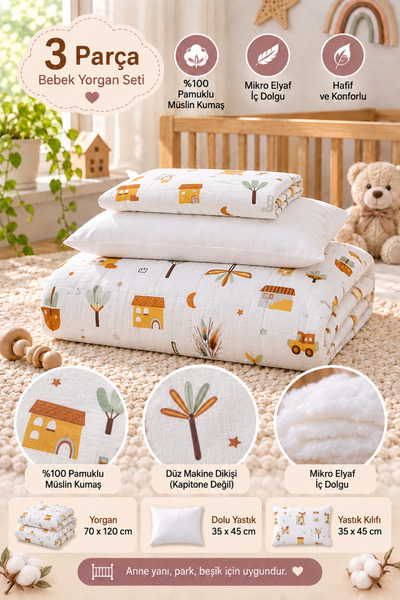 Yada Baby %100 Organik Müslin Kumaştan Bebek Yorganı Seti 70 X 120 Cm