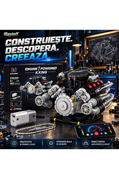 RaSteff Set de construcție cu motor V8, 689 de piese — STEAM, LED și aplicație pentru adolescenți și adulți